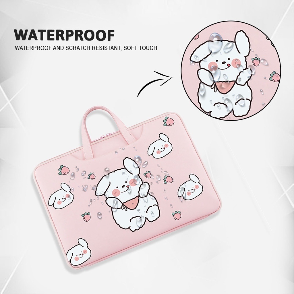 Sleeve Pouch Sarung Tas Bag Case Ipad Tab Tablet Macbook Air Pro Laptop Asus Acer Lenovo HP Huawei 11 12 13 14 15 inch Motif Gambar Kartun Cartoon Rabbit Bunny Kelinci Warna Pink Soft Cute Murah Korean Model Jinjing Tali Strap Waterproof Tahan Air