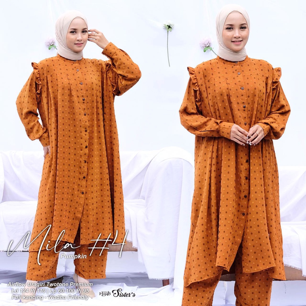 Hijab Sisters Mila One Set Baju Setelan Wanita Long Tunik Bahan Airflow Premium LD 124-5