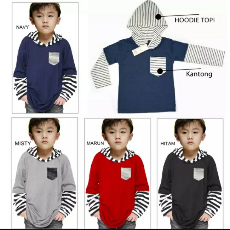kaos hoodie lengan panjang salur anak cewe atau cowo
