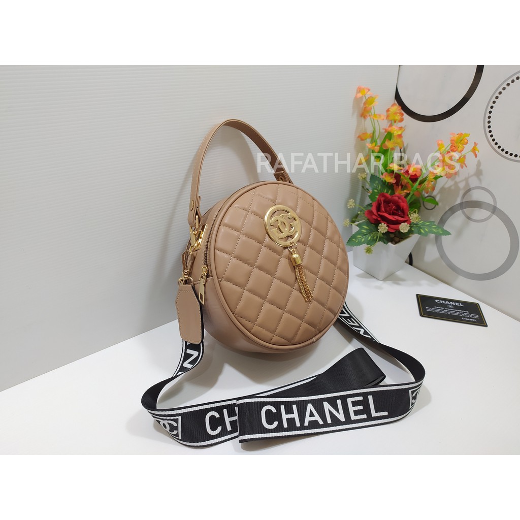 PROMO!!!Tas slempang wanita CHANE.LL bulat Top handle bag bahan bordir halus