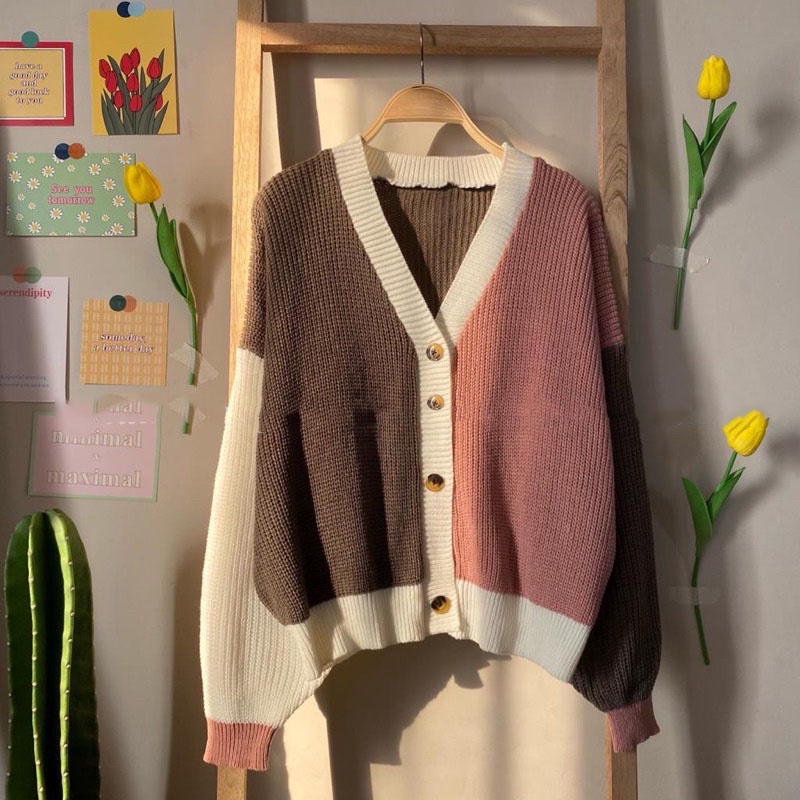 COD - HELEN CARDIE | CARDIGAN RAJUT TWIST PREMIUM | OUTER OUTERWEAR KNIT MIX WARNA KOMBINASI | KARDIGAN TEBAL HIGH QUALITY.helena-Burgundy Pink