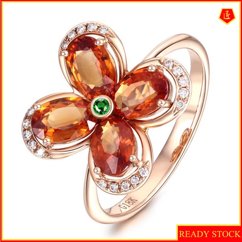 [Ready Stock]Elegant Gemstone Diamond Flower Ring 18K Rose Gold