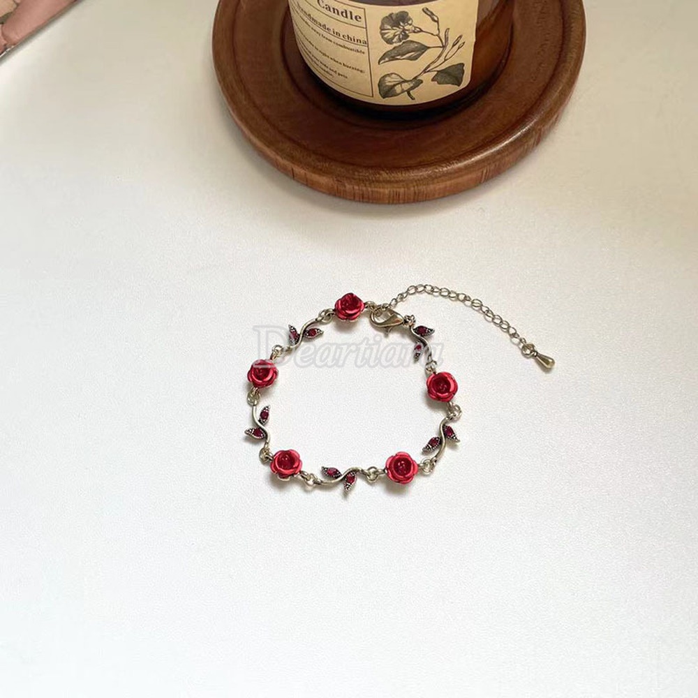 Kalung Rantai Dengan Liontin Bunga Mawar Merah Gaya Retro Perancis Untuk Wanita