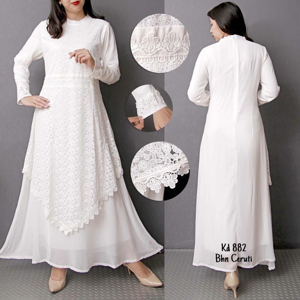 CHIANOZ Gamis Putih Mewah Shakira Dress Brukat Renda Baju Lebaran Umroh Haji Manasik Pesta Akad 882