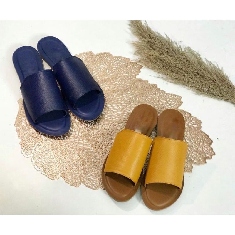 Sandal Slop Teplek Wanita Sendal Kokop Wanita Slop Cewek Kekinian Sandal Kulit Papirut Asli Garut-Navy