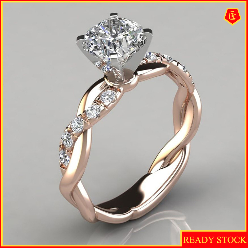 18K Rose Gold Ganda Warna Princess Square Diamond Ring Eropa Dan Amerika Engagement Ring Perempuan S925 Perak