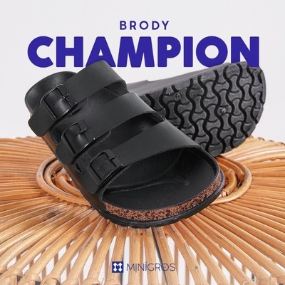 Brody CHAMPION  Sandal Slop Pria Casual Sendal Slide Cowok Bahan Kulit Sol Puyuh Karet Birken Kekinian