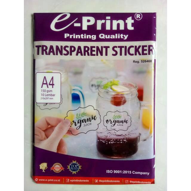 

Transparent Sticker A4 150 gsm E-print. STIKER TRANSPARAN EPRINT A4