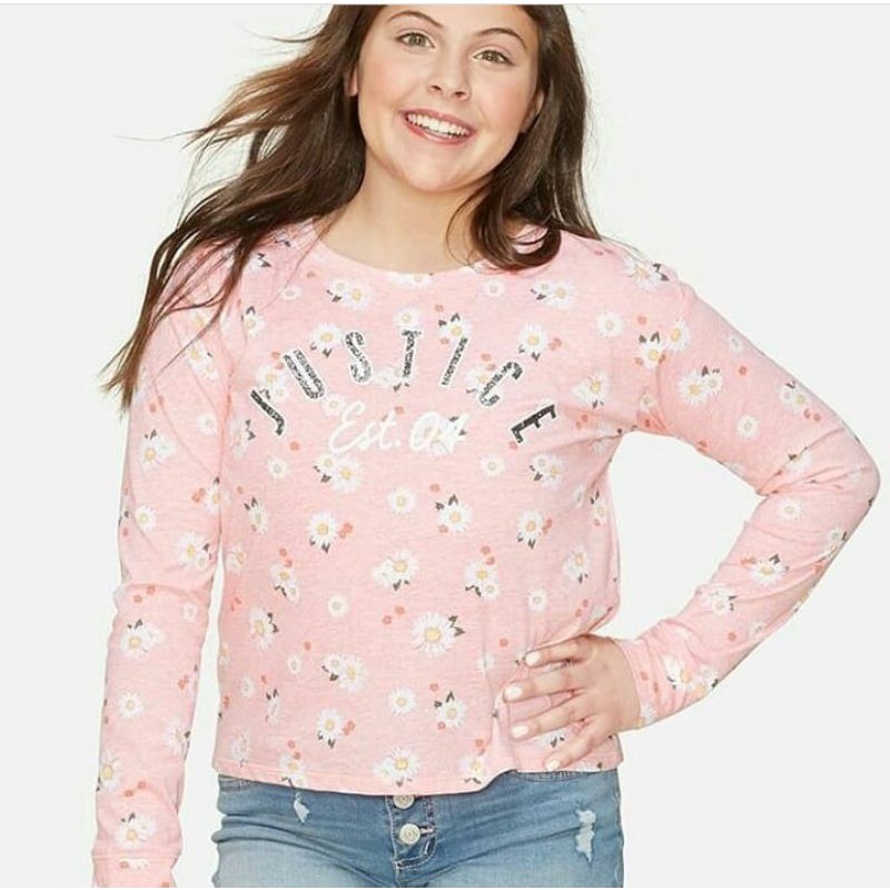 justice long sleeves tee/ kaos lengan panjang anak perempuan warna peach motif bunga daisy