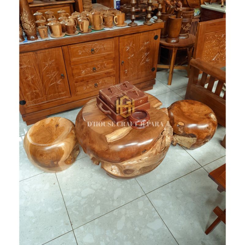 Meja Kursi Teras Santai Kayu Jati Solid Set  (1 Meja 2 Kursi )