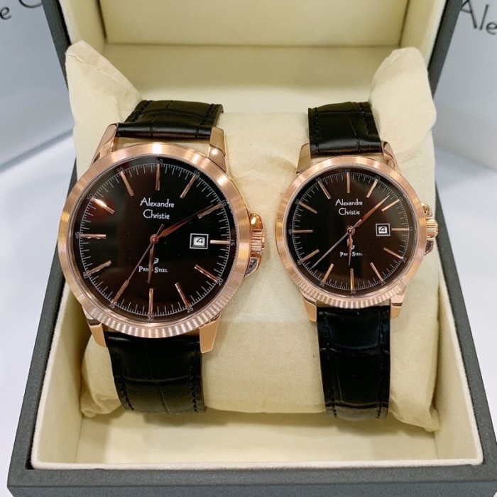 Jam tangan couple Alexandre Christie AC 1008 AC1008 leather black rose