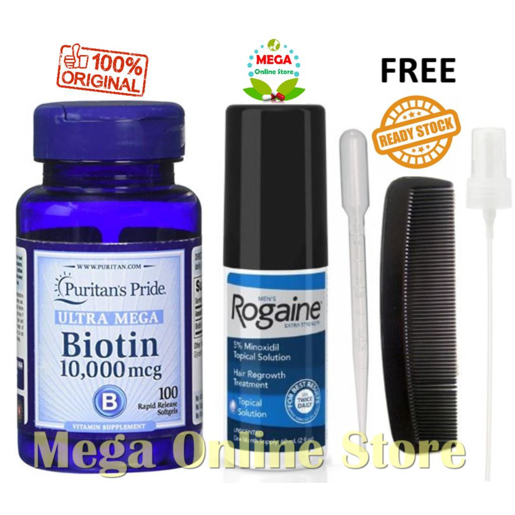 Paket Rogaine Men Minoxidil 60 ml + Puritan Biotin 10000 mcg 100 Softgels