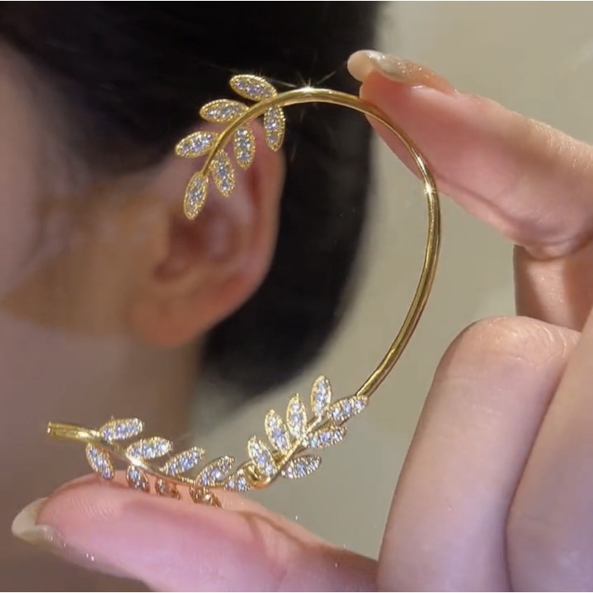 AY(CN) Anting Kristal Daun Emas Perak Versi Korea Dari Emas