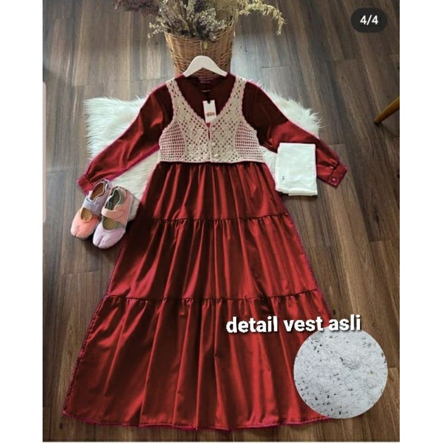Gamis Rompi Rajut Remaja Luaran Terbaru 2022 Susun tiga kekinian kondangan Set Valleri jala Moscrepe