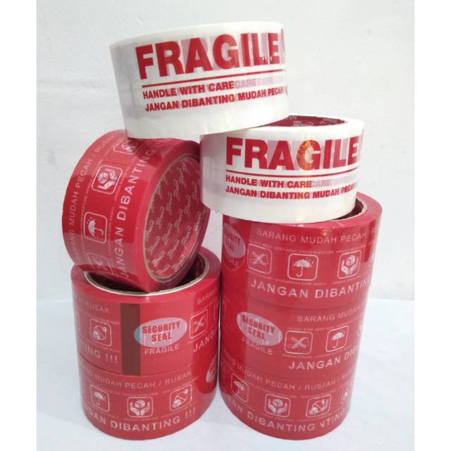 Lakban Plakban Isolasi Besar Fragile Jangan Dibanting 2 inch 48mm 50 yard Merah Putih