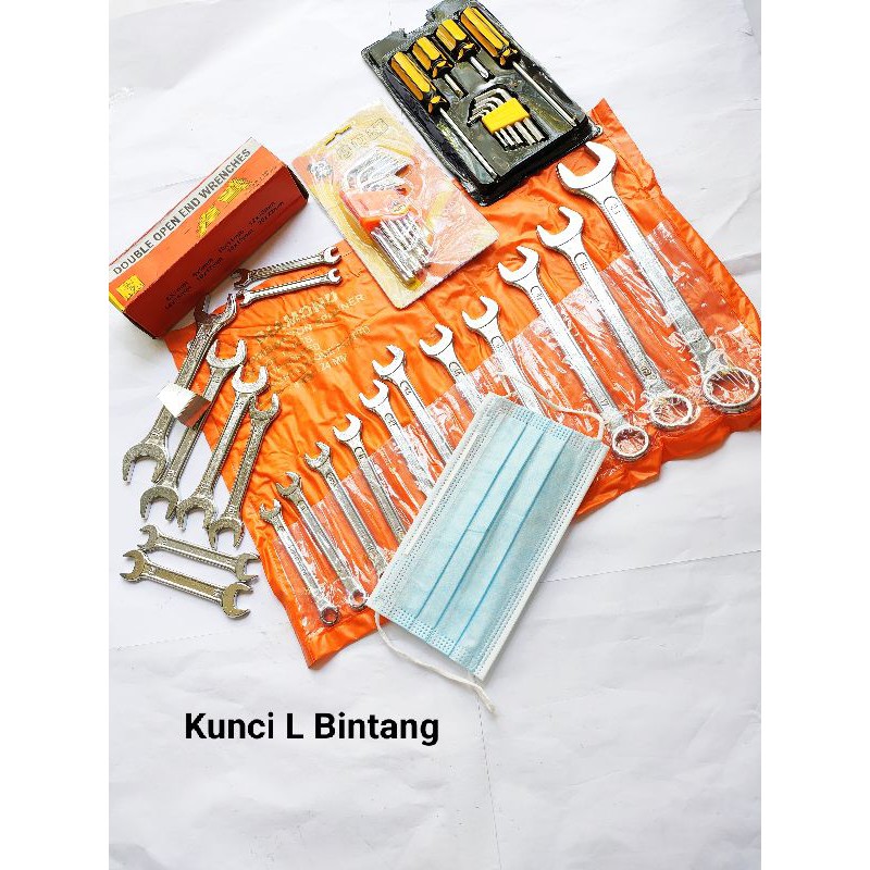Paket Kunci Ring Pas set + Kunci Pas Set +Kunci L Bintang  Pendek+ Obeng set