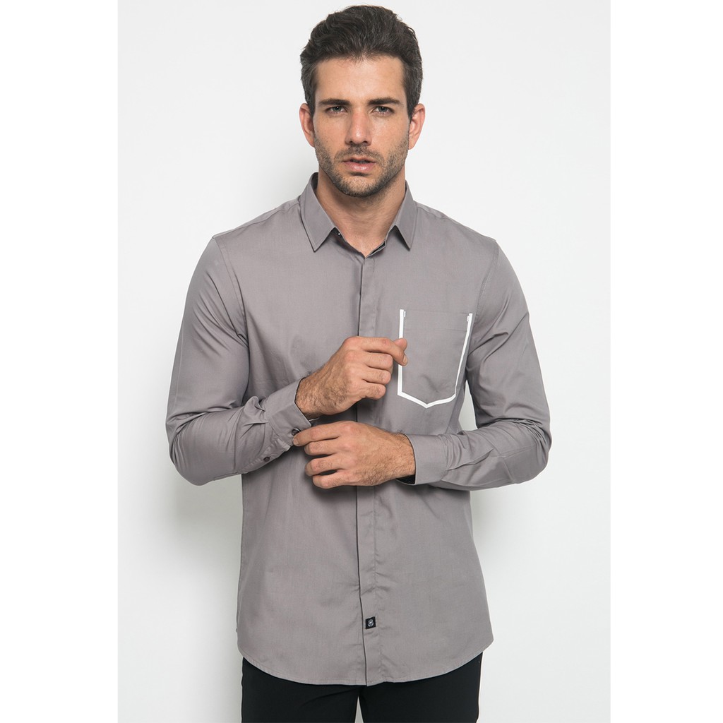 Johnwin - Kemeja Casual - Kemeja Pria - Sablon Kantong - Abu - Slim Fit - ASH.670.K871.760.C