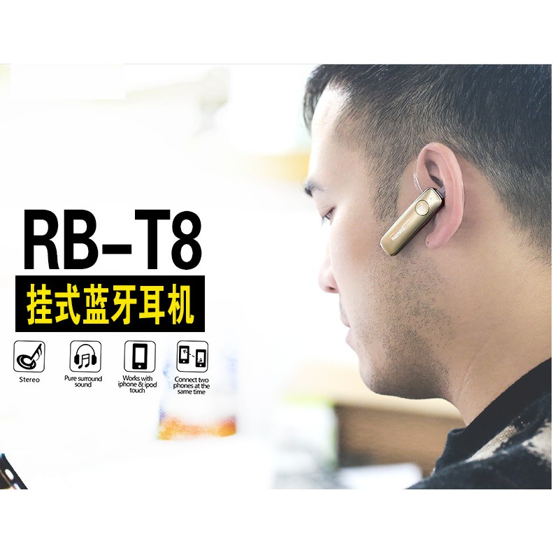 REMAX HANDSFREE BLUETOOTH RB-T8 EARPHONE WIRELESS MICROPHONE - ORIGINAL Headset Bluetooth Connect 2