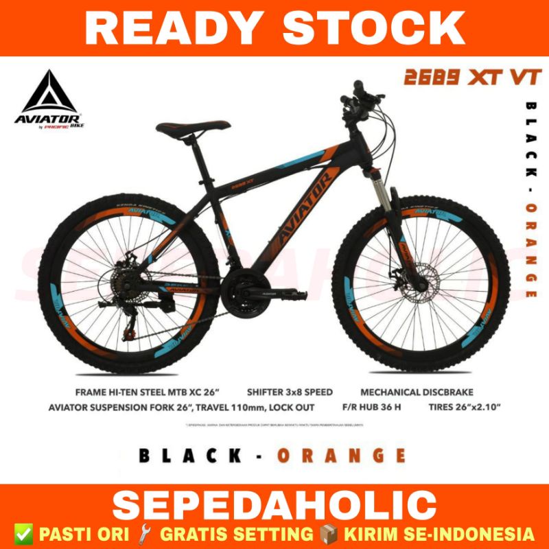 Sepeda Gunung MTB AVIATOR 2689 XT VT Ukuran 26 & 27.5 Inch 24 Speed Fork Lock