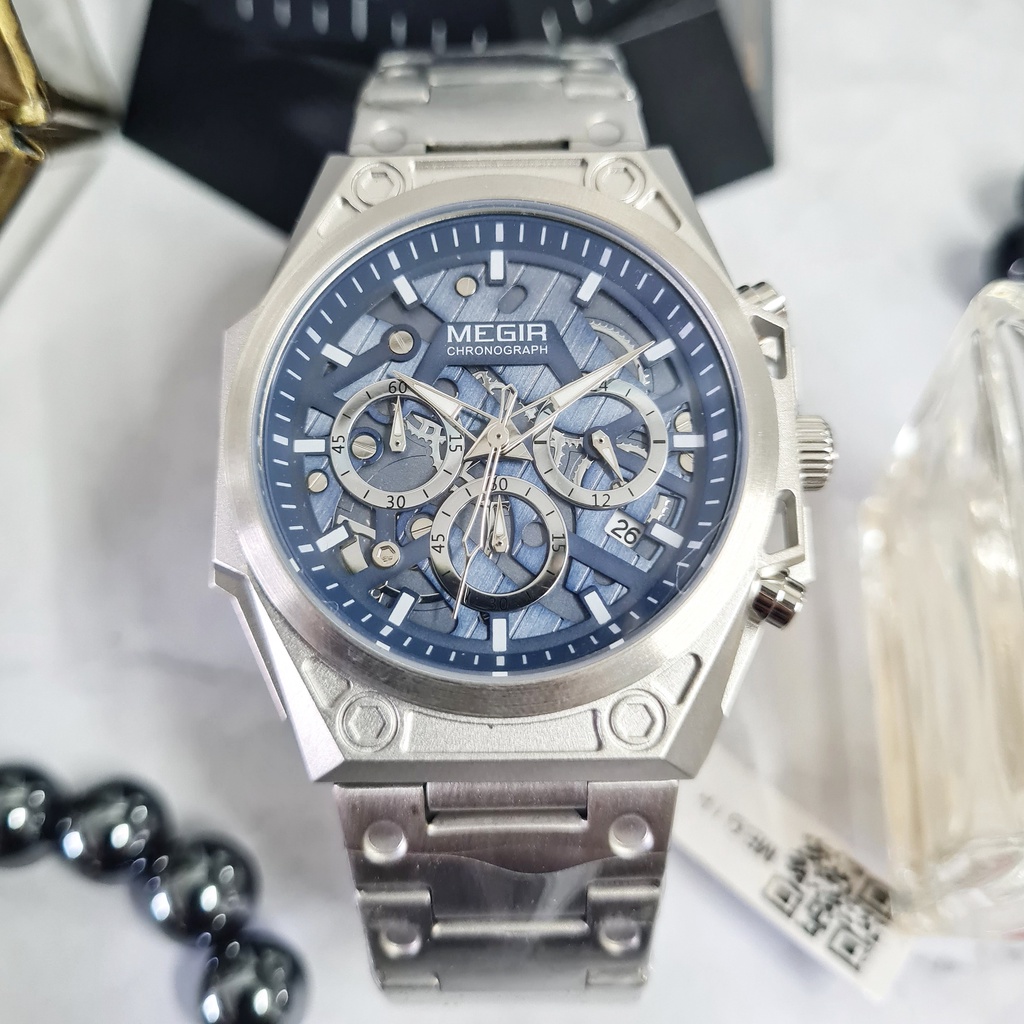 (COD) Jam Tangan Pria Original MEGIR King Silver Rantai Stainless Steel Anti Karat Chrono Aktif Anal