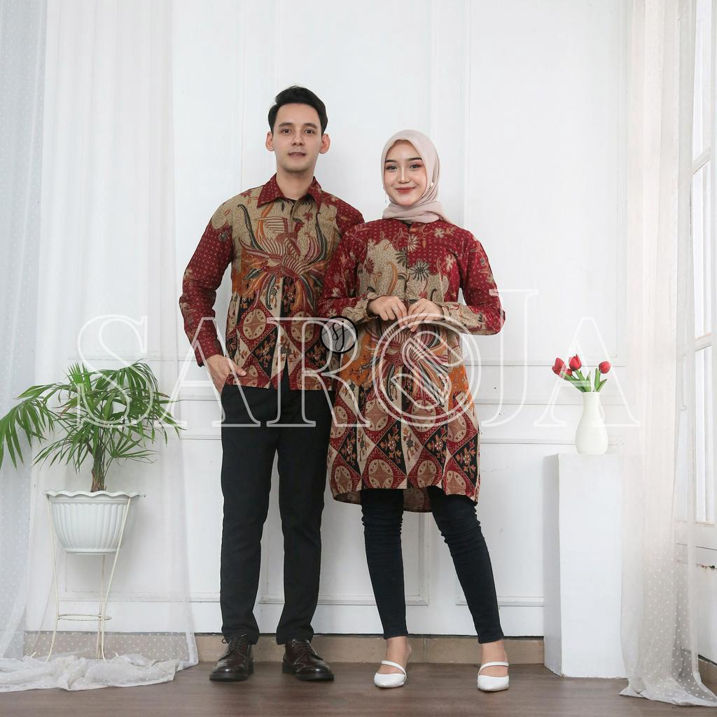 SAROJA | Couple Tunik Keluarga Alisa Merah | Couple Tunik Batik | Couple Tunik Pasangan | Couple Tunik Ibu Anak Perempuan | Dress Lengan Panjang
