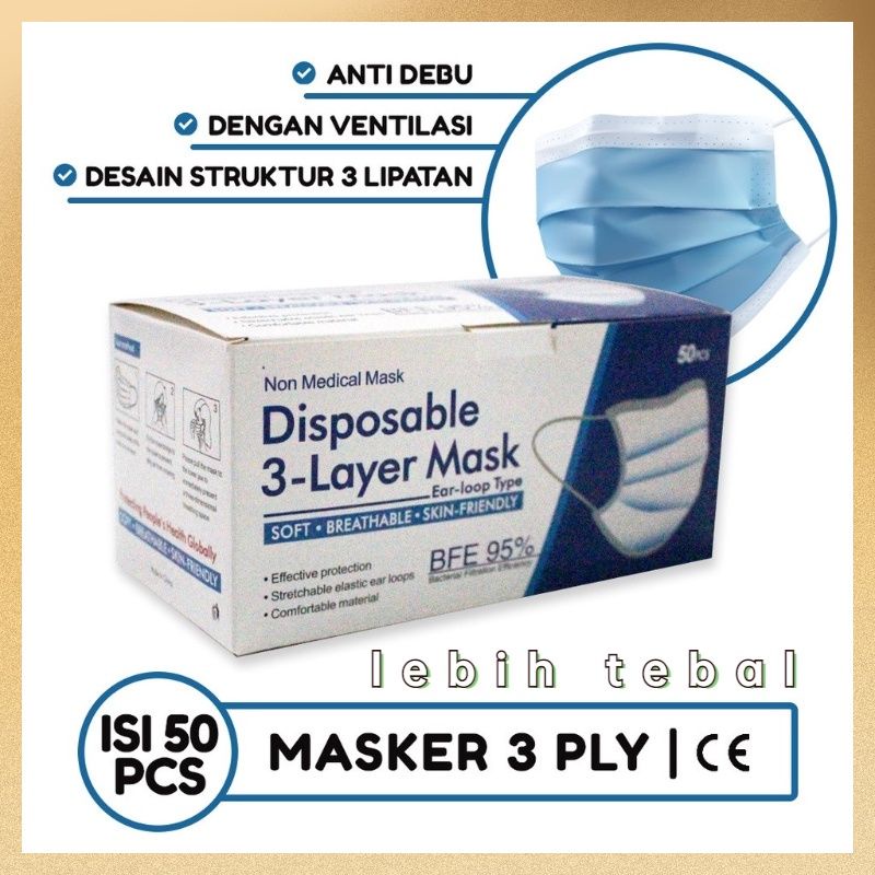 Masker 3 Ply Earloop Warna Biru isi 50 pc