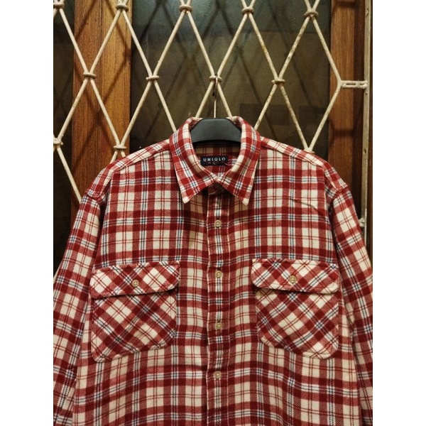 oversize plaid flanel acrylic woll uniqlo second original XL kemeja outer kasual pria murah terlaris
