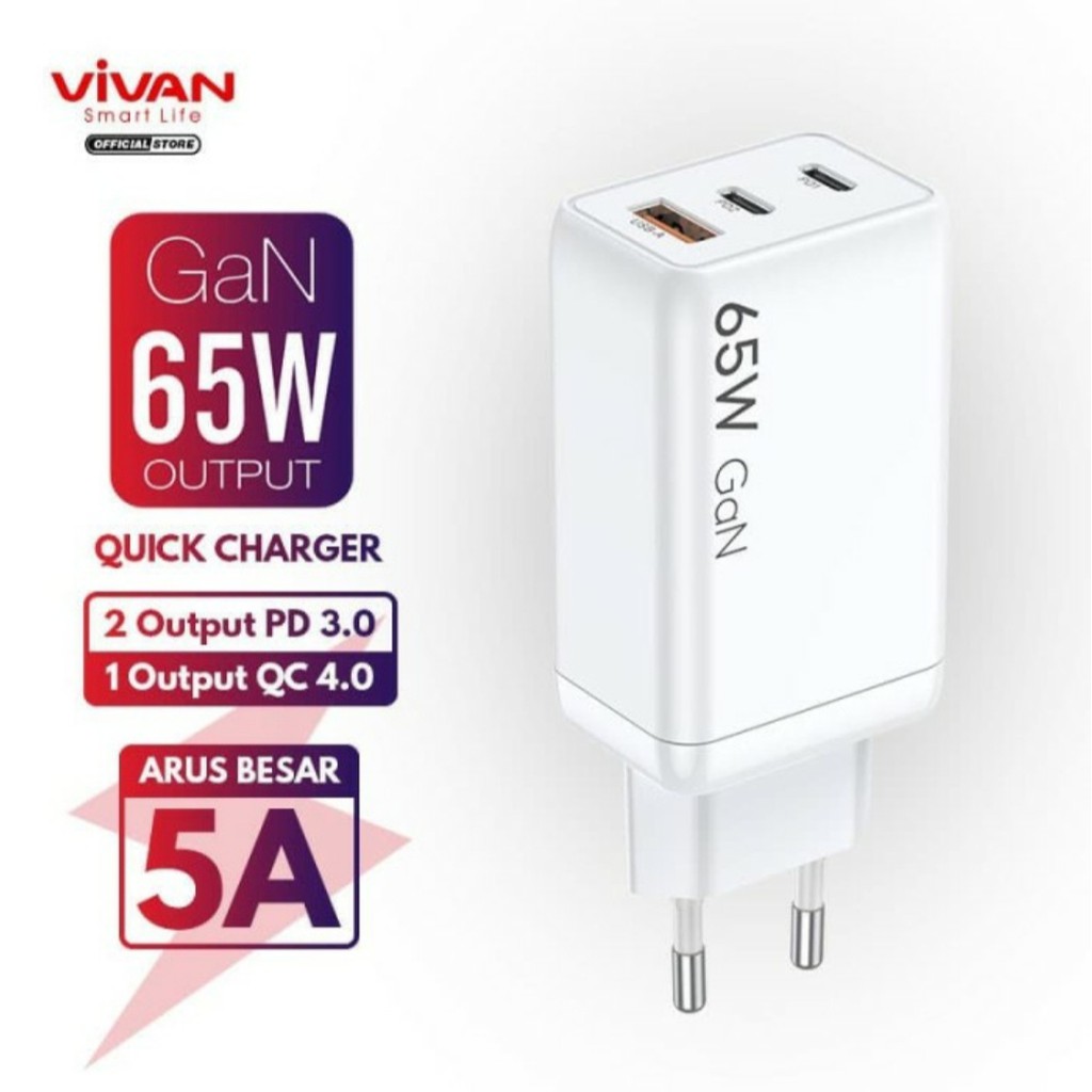 VIVAN Charger GaN01 65W 5A 3 Output PD QC3.0 QC4.0 Port Quick Charge