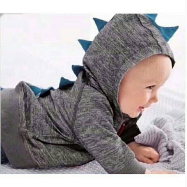 Baju Sweater Jaket Lengan Panjang Adem Dinosaurus Lucu Unik Abu Bayi Balita Anak Laki-laki Cowok