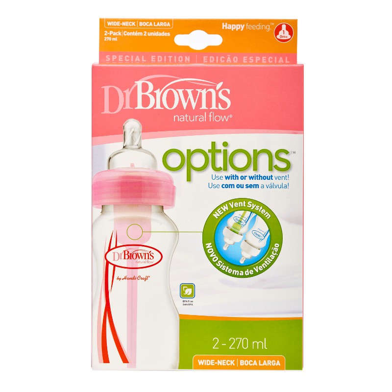 Dr Brown's 2 x 270ml PP Options Wide Neck Bottle Pink