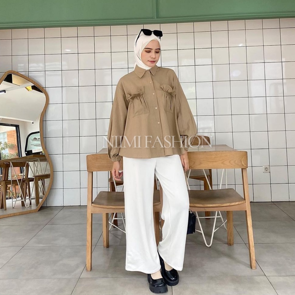 NIMI - Daily Shirt Kemeja Wanita Lengan Panjang Kekinian Crincle Linen Rami