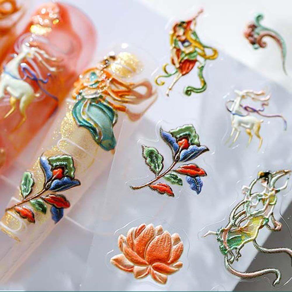 MXBEAUTY Dunhuang Mural Stiker Kuku Bunga Rusa Tipis Tangguh 5D Timbul DIY Manicure Aksesoris Gaya Cina Kuku Foil Decals