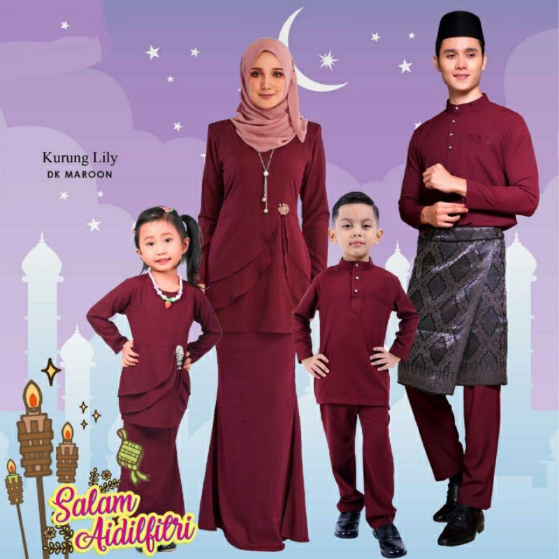 FAMILY SET MODEN MAROON BAJU MELAYU PLAIN FAMILY SET