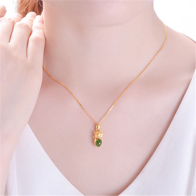 [Ready Stock]Fashion Gold Plated Emerald Fox Pendant Necklace