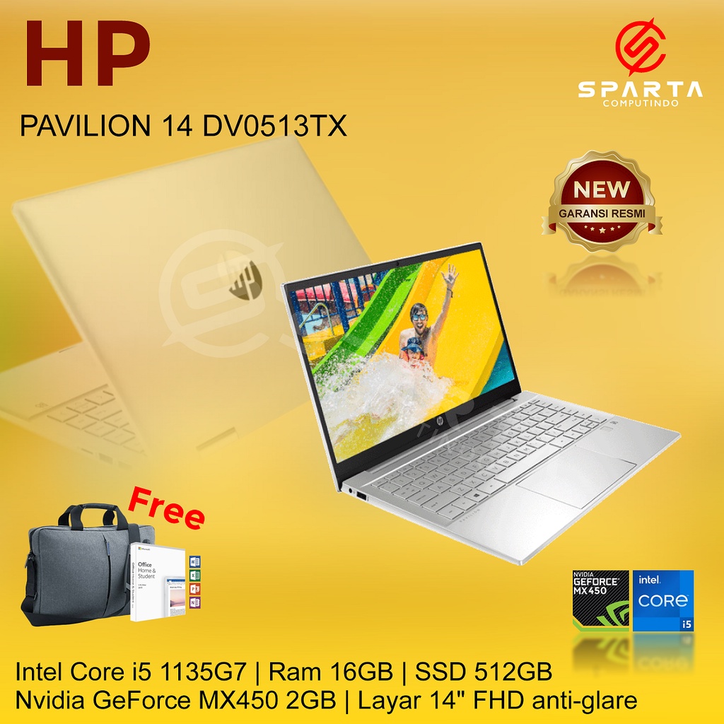 Laptop HP Pavilion 14 DV0513TX Core i5 1135G7 Ram 16GB SSD 512GB MX450 2GB 14in FHD Win10 Home+OHS 2019