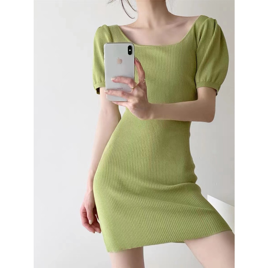 【Elegant】Korean Vintage Square Neck Solid Color Mini Dress 7475