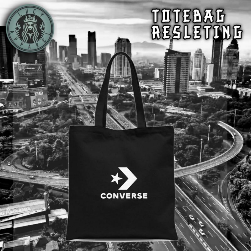 Tote bag Authentic Converse totebag resleting canvas Authentic Converse / tas jinjing hitam polos vi