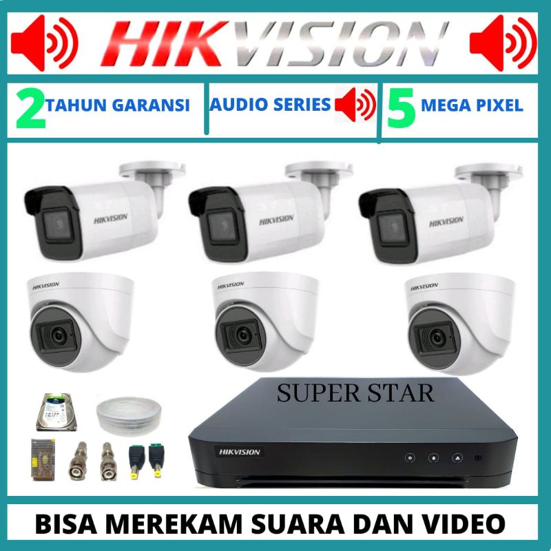 PAKET CCTV HIKVISION 5MP AUDIO 8 CHANNEL 6 KAMERA BISA MEREKAM SUARA DAN GAMBAR