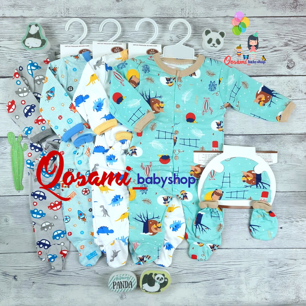 HOKIKU ( 1 Set ) Jamsuit Panjang Bayi Plus Topi Sarung Tangan Motif Print SNI