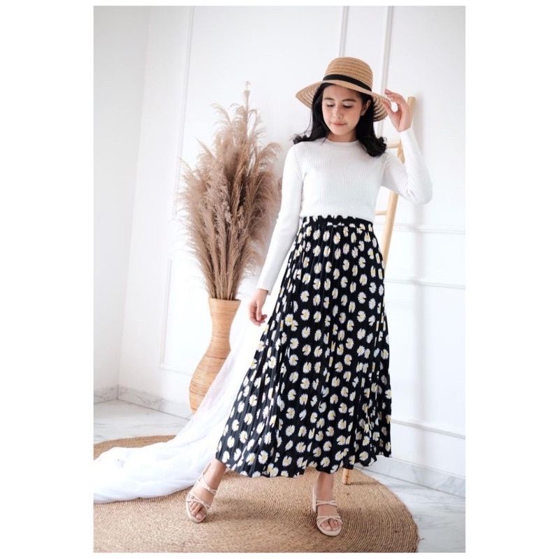 [Fashion Muslim] ROK PLISKET MOTIF bunga daily skirt premium panjang daisy wanita kekinian terlaris