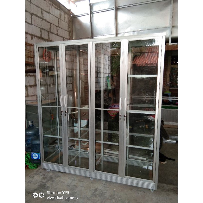 lemari full kaca 4 Pintu / almari pakaian kaca alumunium