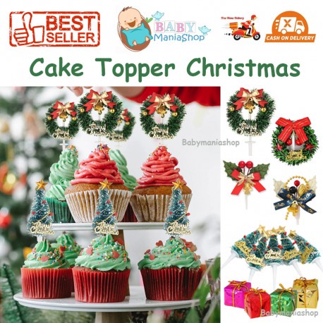 Hiasan Kue Natal Cake Topper Christmas Xmas Decoration Christmas Tree Wreath Mistletoe Pudding Cupcake Hiasan Pita Babymaniashop