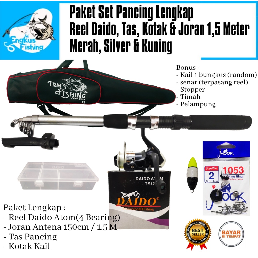 Paket Set Lengkap Pancing Reel Daido, Joran 1,5m &amp; Tas (Banyak Bonus) Kotak Kail Murah - Engkus Fishing