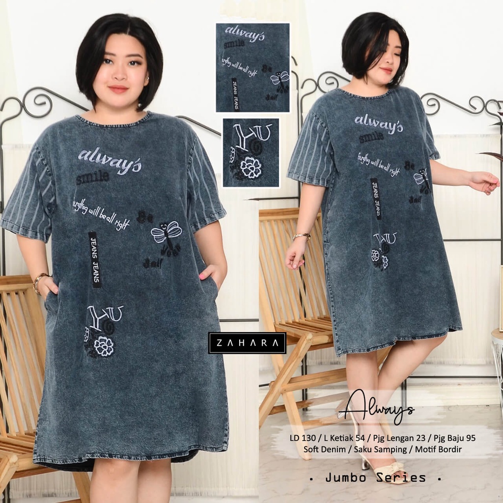 Oversize by Zahara Always Daster Jeans Wanita Motif Bordir LD 130 cm Dres Wanita Casual Jeans Wash A