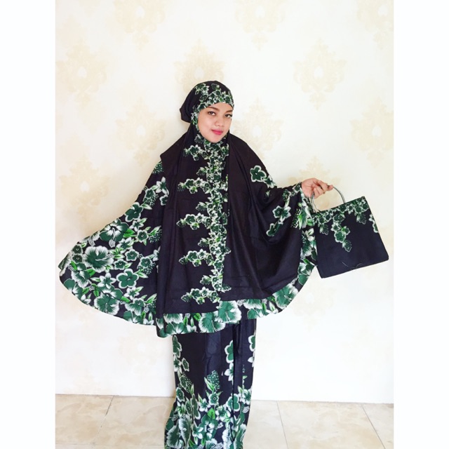 MUKENA KEMBANG BUNGA BLACK SERIES SAUDI ARAB MURAH PRODUKSI BALI BORDIR TASIK ANAK COUPLE MURAH