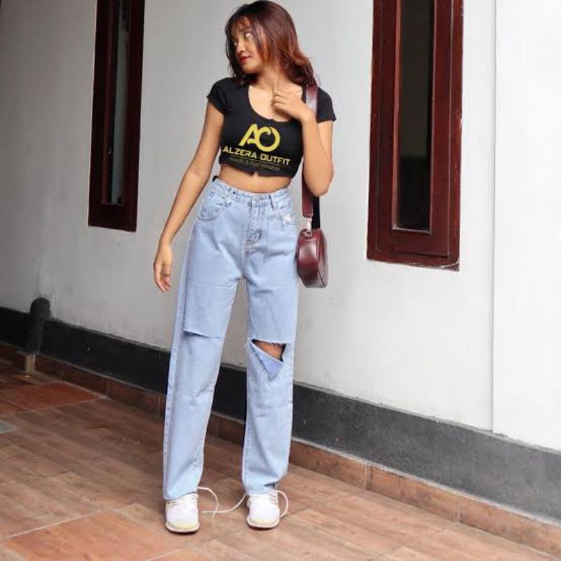 Celana Kulot Jeans ripped sobek Wanita Premium Snow Biru Kulot higwaist sobek lutut Kulot losse Kore