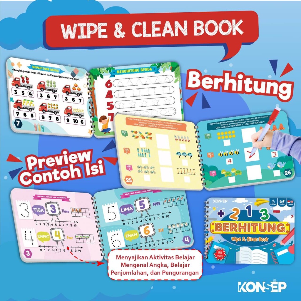 Activity Book Wipe And Clean - Seri Berhitung - Konsep Studio - Buku Edukasi Anak Belajar Menulis Untuk PAUD dan TK