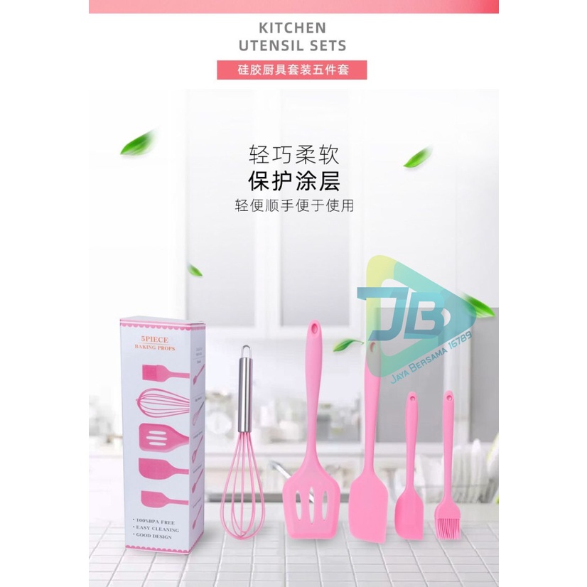 RT81 Alat Masak bahan silikon Silicone Utensil Spatula Cooking Baking Props Set 5pcs Peralatan Masak 5 in 1 Tahan Panas BPA Free JB5470