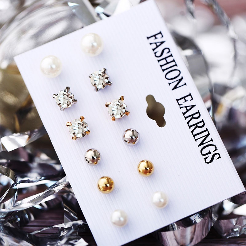 Set Anting Stud Mode Berlian Imitasi Mutiara Bulat Pejantan Aksesoris Earrings