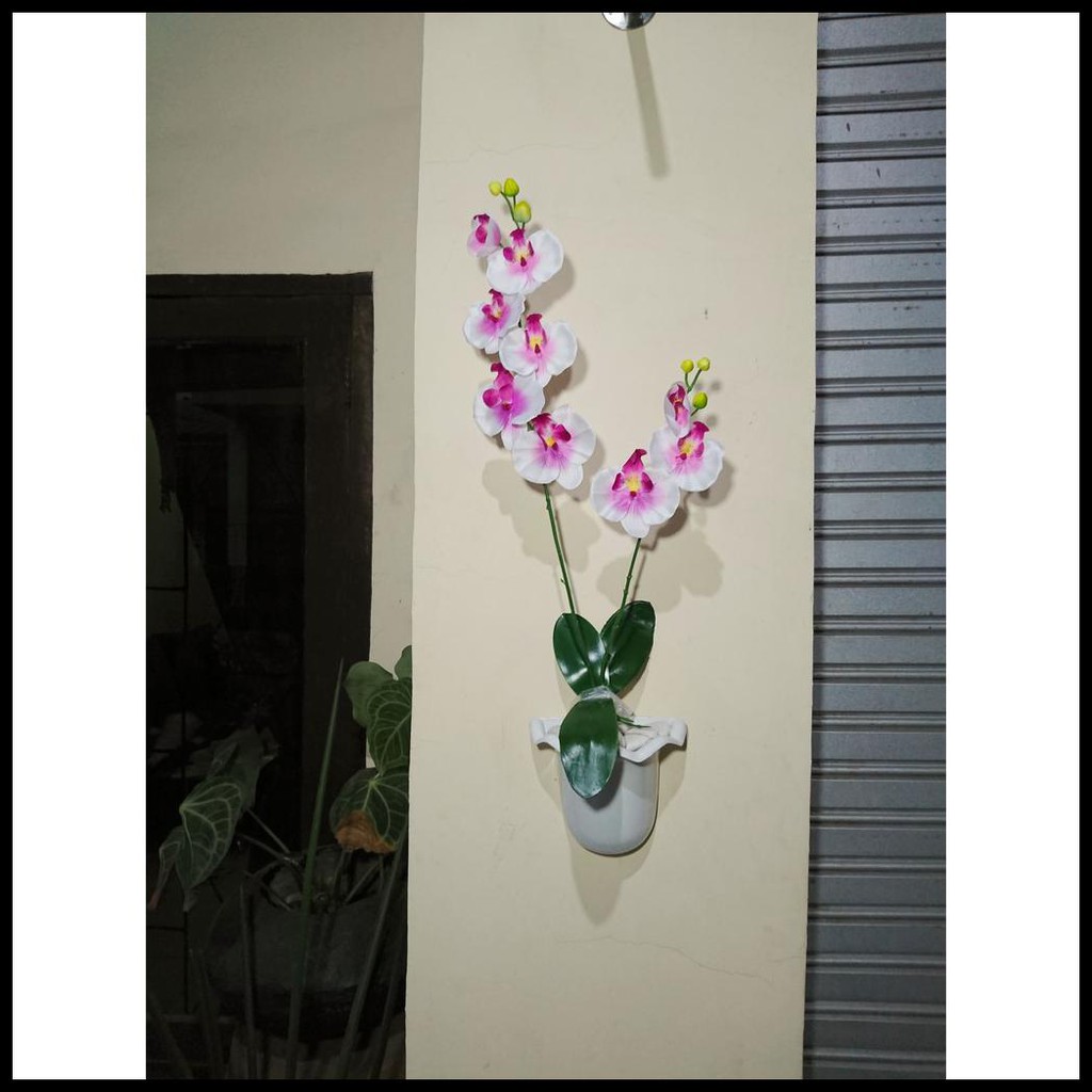 BUNGA ANGGREK POT TEMPEL UKURAN BESAR BUNGA PLASTIK ARTIFICIAL HIASAN DINDING RUMAH